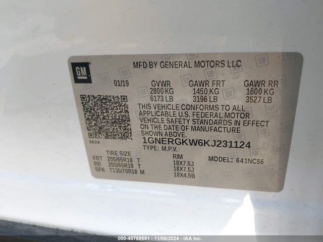 Chevrolet Traverse 1lt 2019 1GNERGKW6KJ231124 Image 9