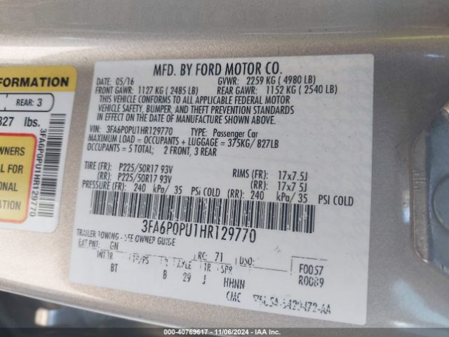 3FA6P0PU1HR129770 Ford Fusion Energi Se Luxury