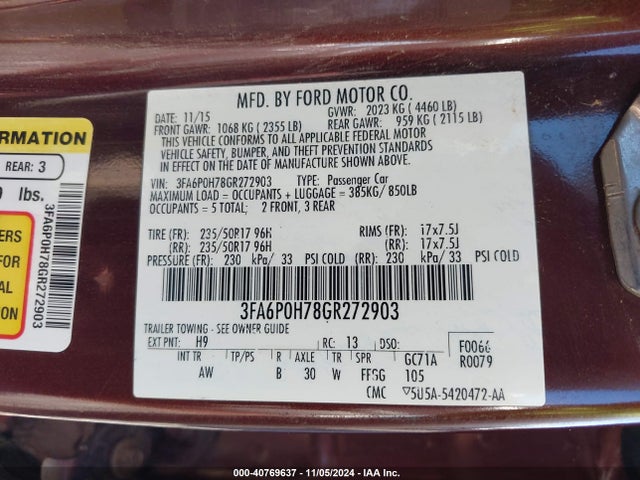 Ford FUSION SE 2016 3FA6P0H78GR272903 Image 9