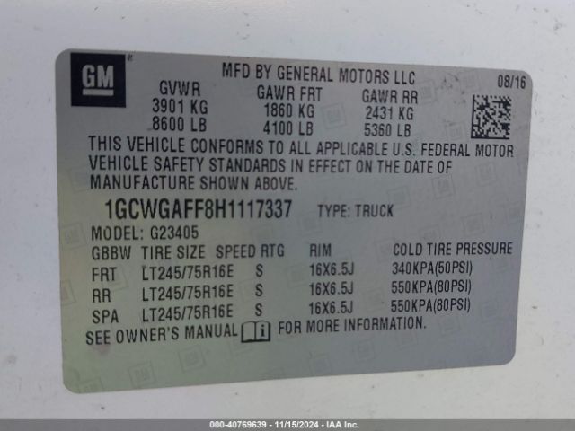 1GCWGAFF8H1117337 Chevrolet Express 2500 Work Van