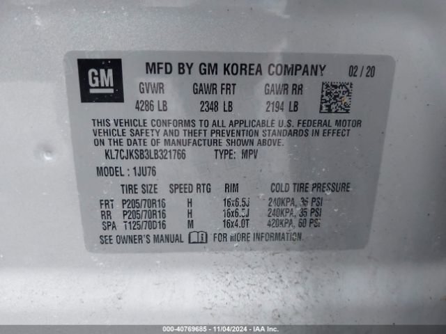KL7CJKSB3LB321766 Chevrolet Trax Fwd Ls