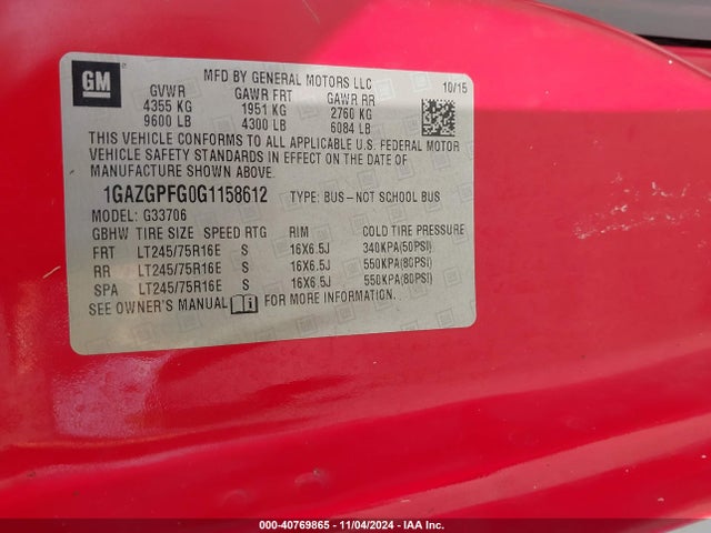 1GAZGPFG0G1158612 Chevrolet Express 3500 Lt