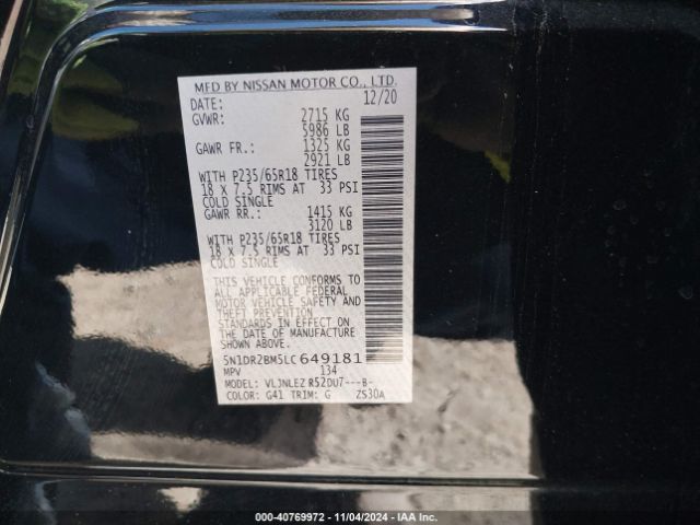 5N1DR2BM5LC649181 Nissan Pathfinder Sv 4wd
