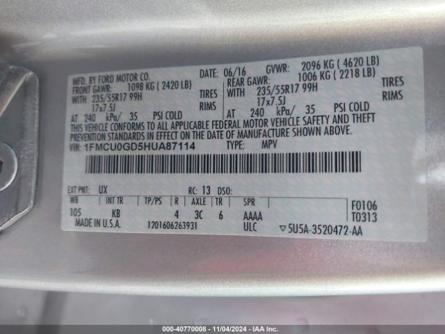1FMCU0GD5HUA87114 Ford ESCAPE SE