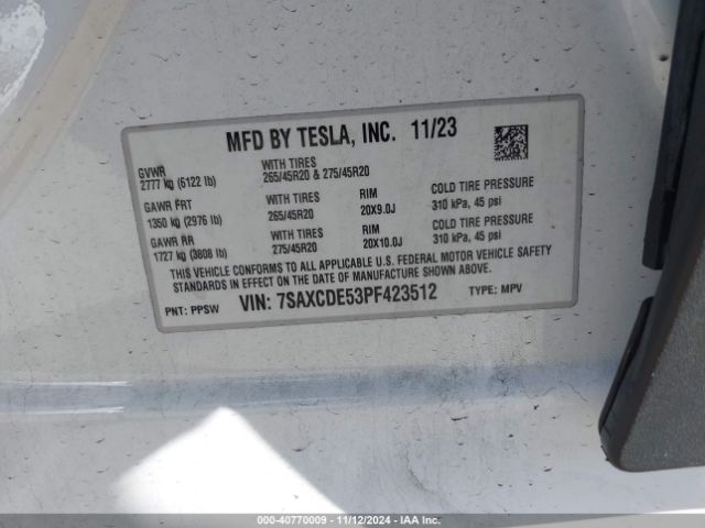 7SAXCDE53PF423512 Tesla Model X Dual Motor All-wheel Drive/standard Range