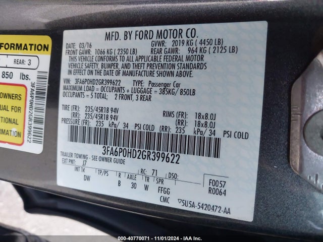 Ford FUSION SE 2016 3FA6P0HD2GR399622 Image 9