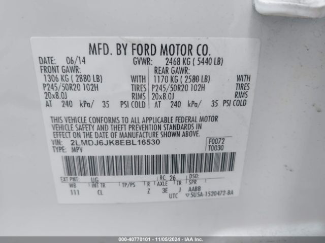 2LMDJ6JK8EBL16530 Lincoln MKX