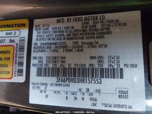 Ford FUSION SE 2017 3FA6P0HD3HR157553 Image 9