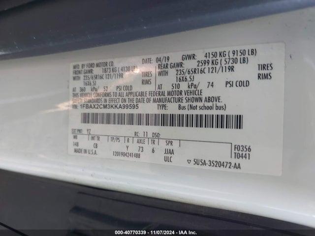 1FBAX2CM3KKA99595 Ford Transit-350 Xlt