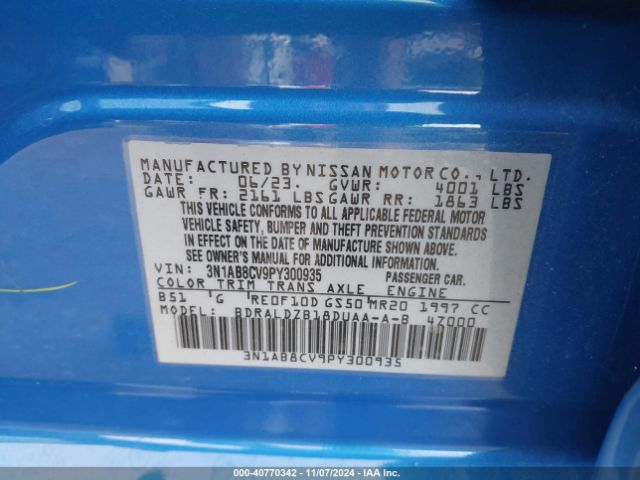 3N1AB8CV9PY300935 Nissan Sentra Sv Xtronic Cvt