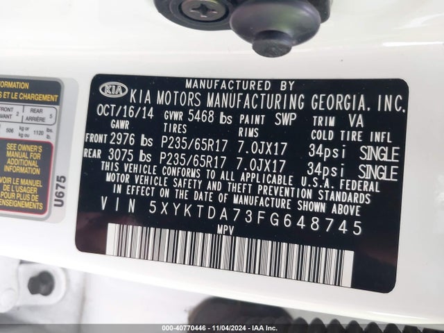 KIA Sorento Lx V6 2015 5XYKTDA73FG648745 Image 9