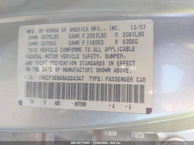 Aukcja sprzedaży 2008 Honda Accord 3.5 Ex-l, vin: 1HGCP36848A024347, numer aukcji: 40770452