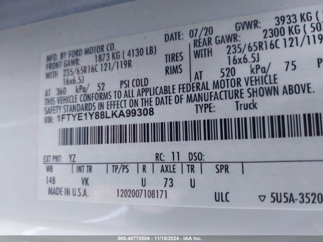 1FTYE1Y88LKA99308 Ford Transit-150 Cargo Van