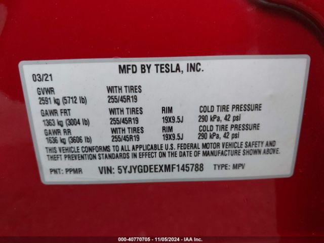 2021 TESLA MODEL Y 5YJYGDEEXMF145788 Photo 8