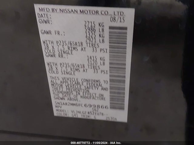 Продаж на аукціоні авто 2015 Nissan Pathfinder Sl, vin: 5N1AR2MM6FC699866, номер лоту: 40770772