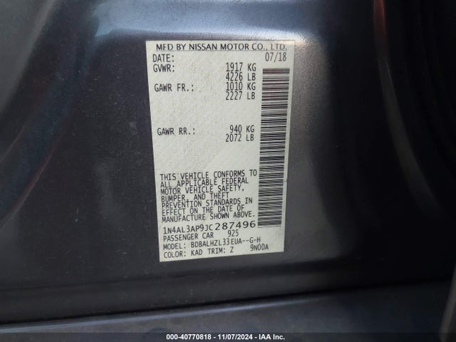 Nissan Altima 2.5 Sr 2018 1N4AL3AP9JC287496 Image 9
