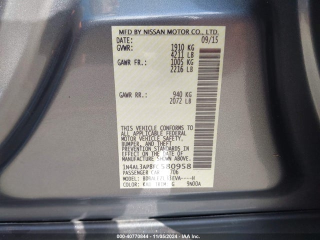 Nissan Altima 2.5 S 2015 1N4AL3AP8FC580958 Image 9
