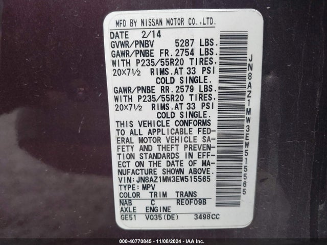 JN8AZ1MW3EW515565 Nissan Murano Le/s/sl/sv
