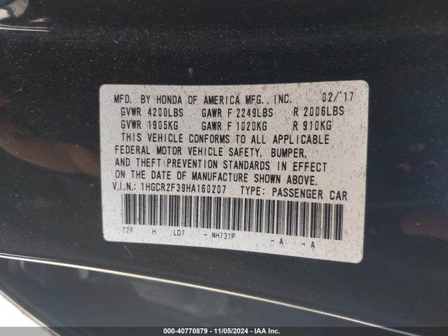 Honda ACCORD LX 2017 1HGCR2F39HA160207 Image 9