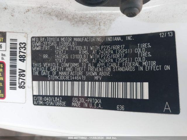 5TDYK3DC8ES446419 Toyota Sienna Xle V6 8 Passenger