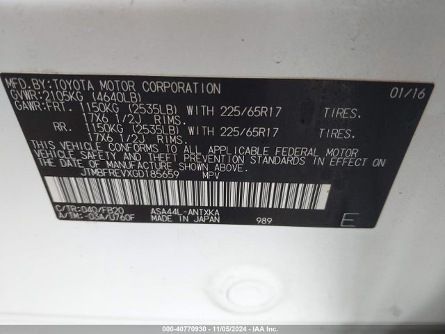 JTMBFREVXGD185659 Toyota RAV4 LE