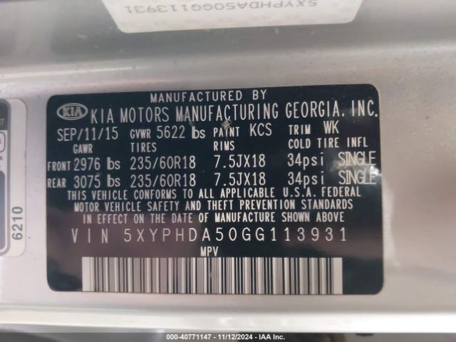 5XYPHDA50GG113931 KIA Sorento 3.3l Ex