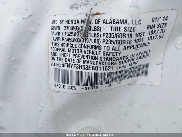 Honda Pilot Ex-l 2014 5FNYF3H53EB011621 Image 9