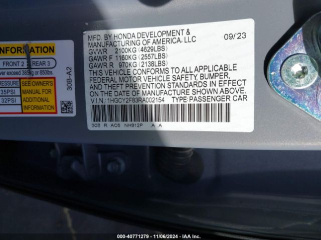 1HGCY2F83RA002154 Honda Accord Hybrid Touring