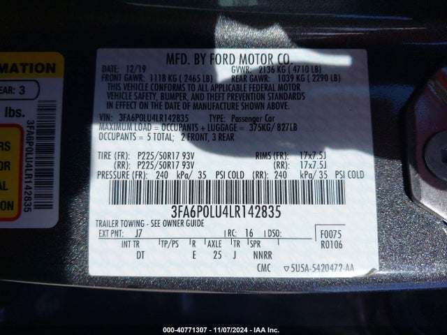 3FA6P0LU4LR142835 Ford Fusion Hybrid Se