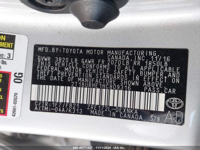 Toyota COROLLA LE 2017 2T1BURHE1HC809316 Image 9