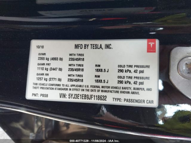 5YJ3E1EB9JF118632 Tesla Model 3 Long Range/performance