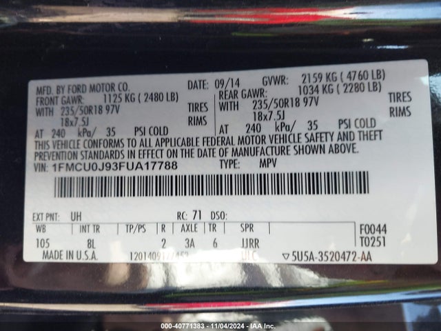 Ford Escape Titanium 2015 1FMCU0J93FUA17788 Image 9