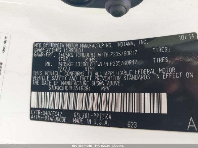 5TDKK3DC1FS546384 Toyota Sienna Le 8 Passenger