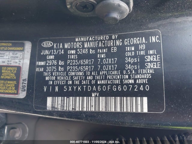 KIA SORENTO LX 2015 5XYKTDA60FG607240 Image 9