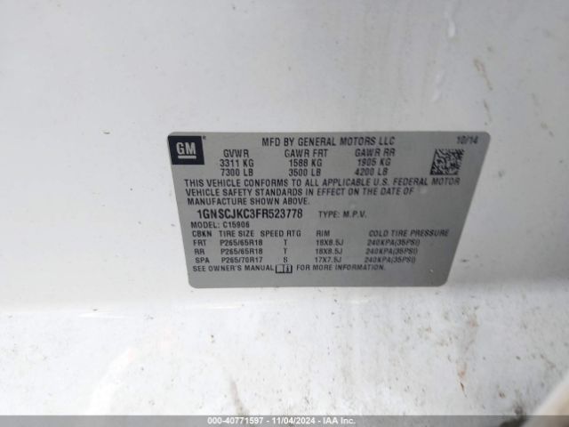 1GNSCJKC3FR523778 Chevrolet Suburban 1500 Lt