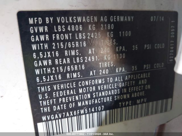 WVGAV7AX6FW514107 Volkswagen TIGUAN S