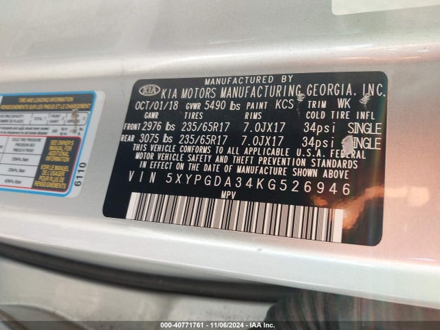 5XYPGDA34KG526946 KIA Sorento 2.4l Lx