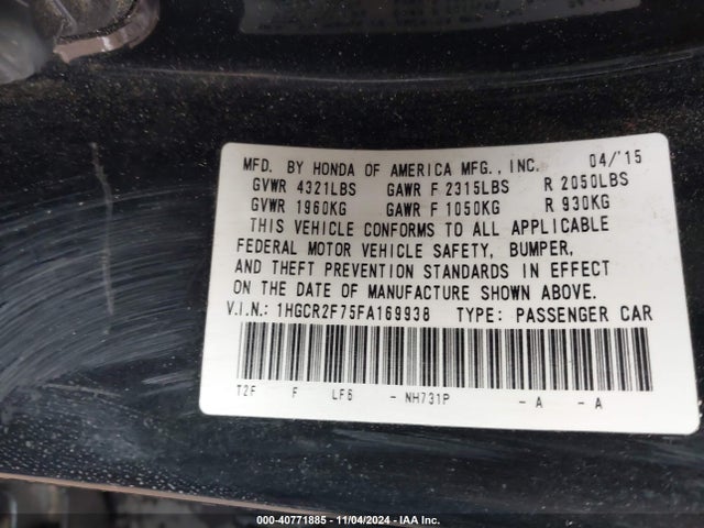 Honda ACCORD EX 2015 1HGCR2F75FA169938 Image 9