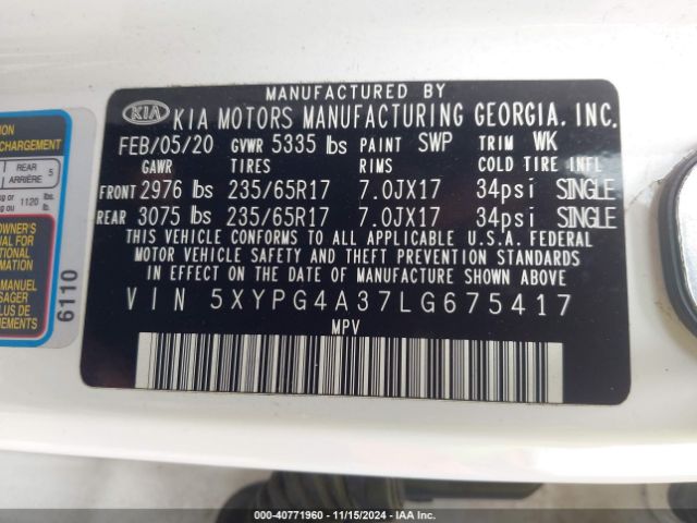 5XYPG4A37LG675417 KIA Sorento 2.4l L