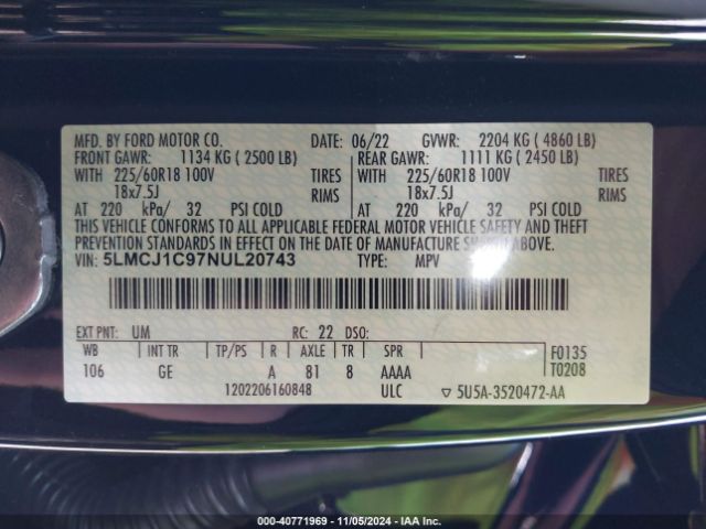 5LMCJ1C97NUL20743 Lincoln Corsair Standard