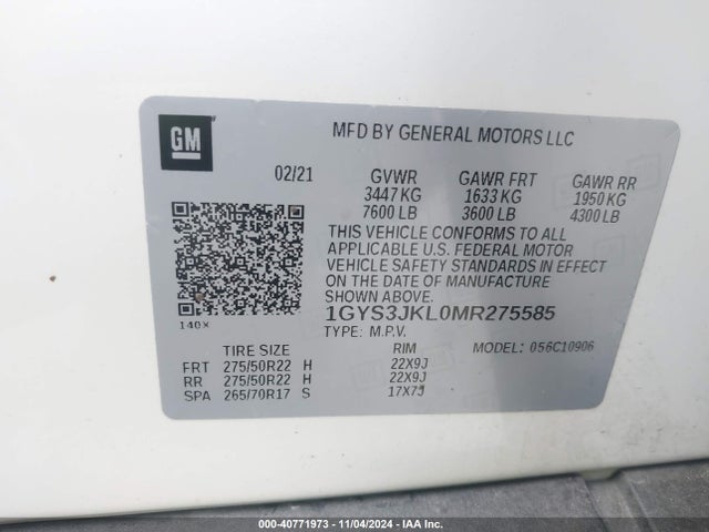 1GYS3JKL0MR275585 Cadillac Escalade Esv 2wd Luxury