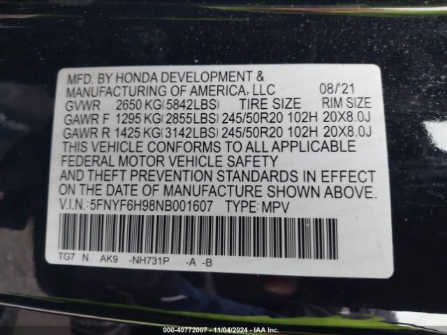 5FNYF6H98NB001607 Honda Pilot Awd Touring 8 Passenger
