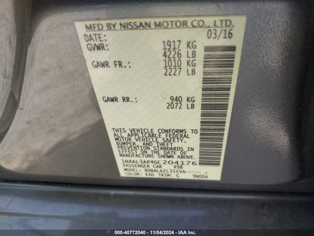 Nissan ALTIMA 2.5 2016 1N4AL3AP4GC204176 Image 9