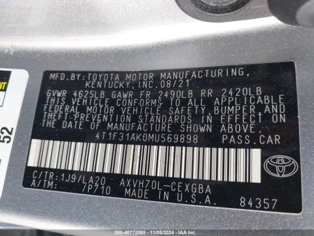4T1F31AK0MU569898 Toyota Camry Xle Hybrid