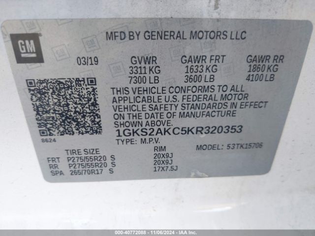 1GKS2AKC5KR320353 GMC YUKON SLE