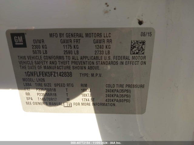 Chevrolet EQUINOX 1LT 2015 1GNFLFEK5FZ142838 Image 9