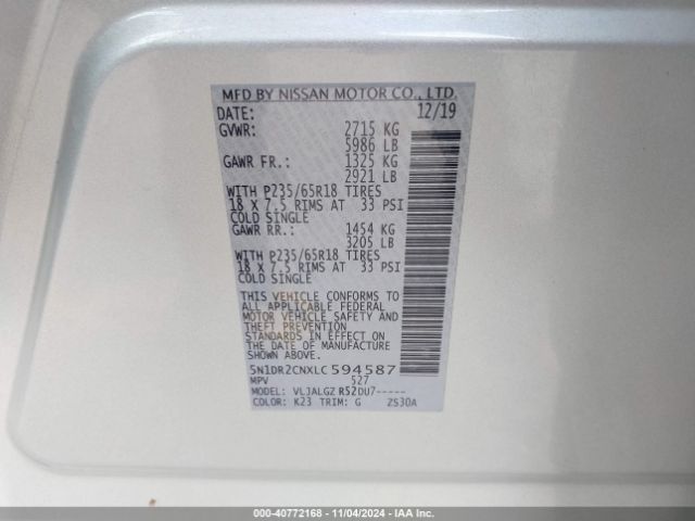 5N1DR2CNXLC594587 Nissan Pathfinder Sl 2wd