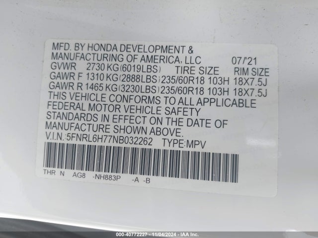 5FNRL6H77NB032262 Honda Odyssey Ex-l