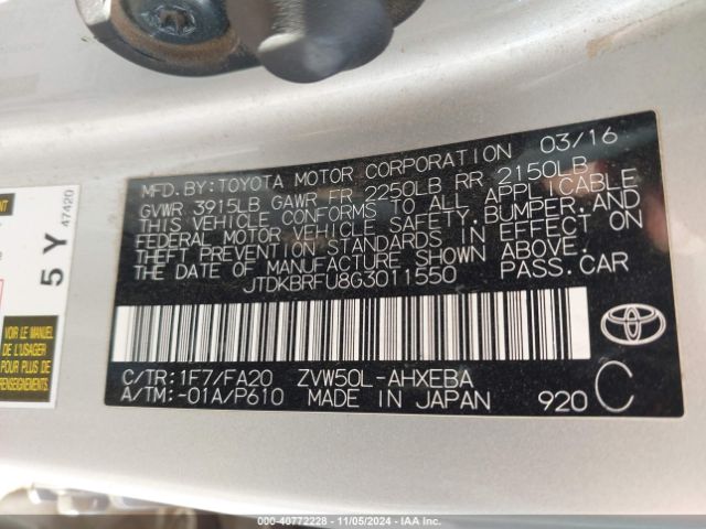 JTDKBRFU8G3011550 Toyota Prius Two
