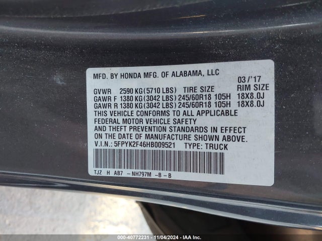 Honda Ridgeline Rts 2017 5FPYK2F46HB009521 Image 9